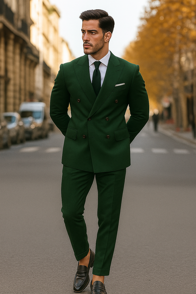 Slim Fit Double Breasted Suit Gold Buttons - Olive Suit - Designer Wool Suits