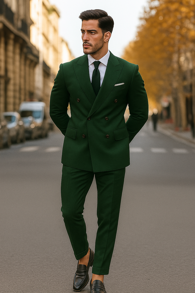 Slim Fit Double Breasted Suit Gold Buttons - Olive Suit - Designer Wool Suits