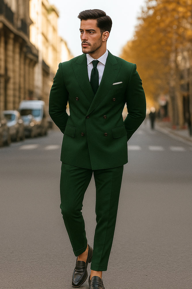Slim Fit Double Breasted Suit Gold Buttons - Olive Suit - Designer Wool Suits