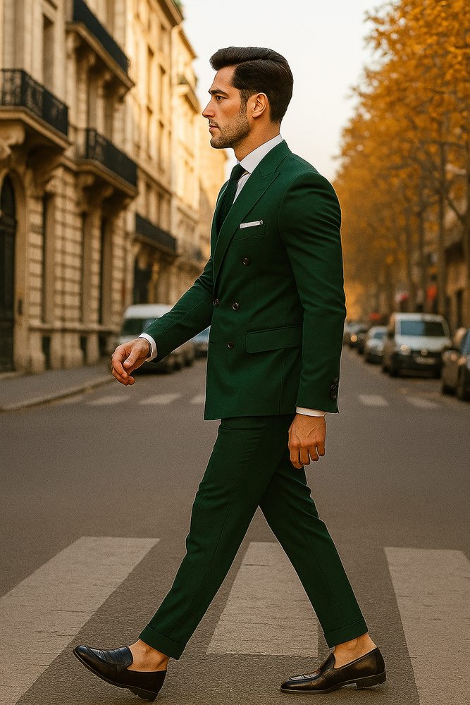 Slim Fit Double Breasted Suit Gold Buttons - Olive Suit - Designer Wool Suits