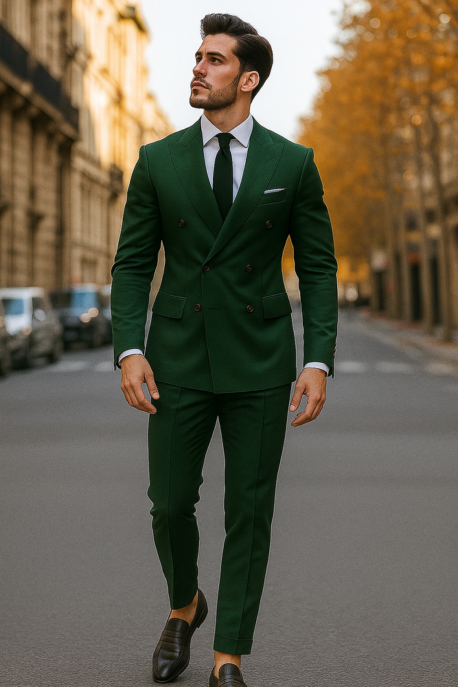 Slim Fit Double Breasted Suit Gold Buttons - Olive Suit - Designer Wool Suits