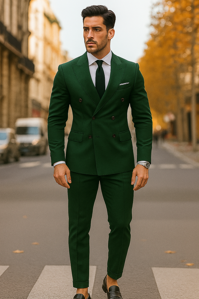 Slim Fit Double Breasted Suit Gold Buttons - Olive Suit - Designer Wool Suits