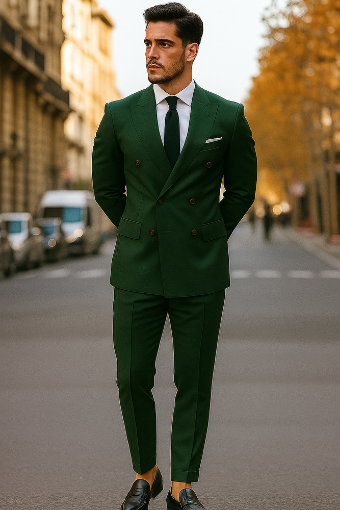 Slim Fit Double Breasted Suit Gold Buttons - Olive Suit - Designer Wool Suits