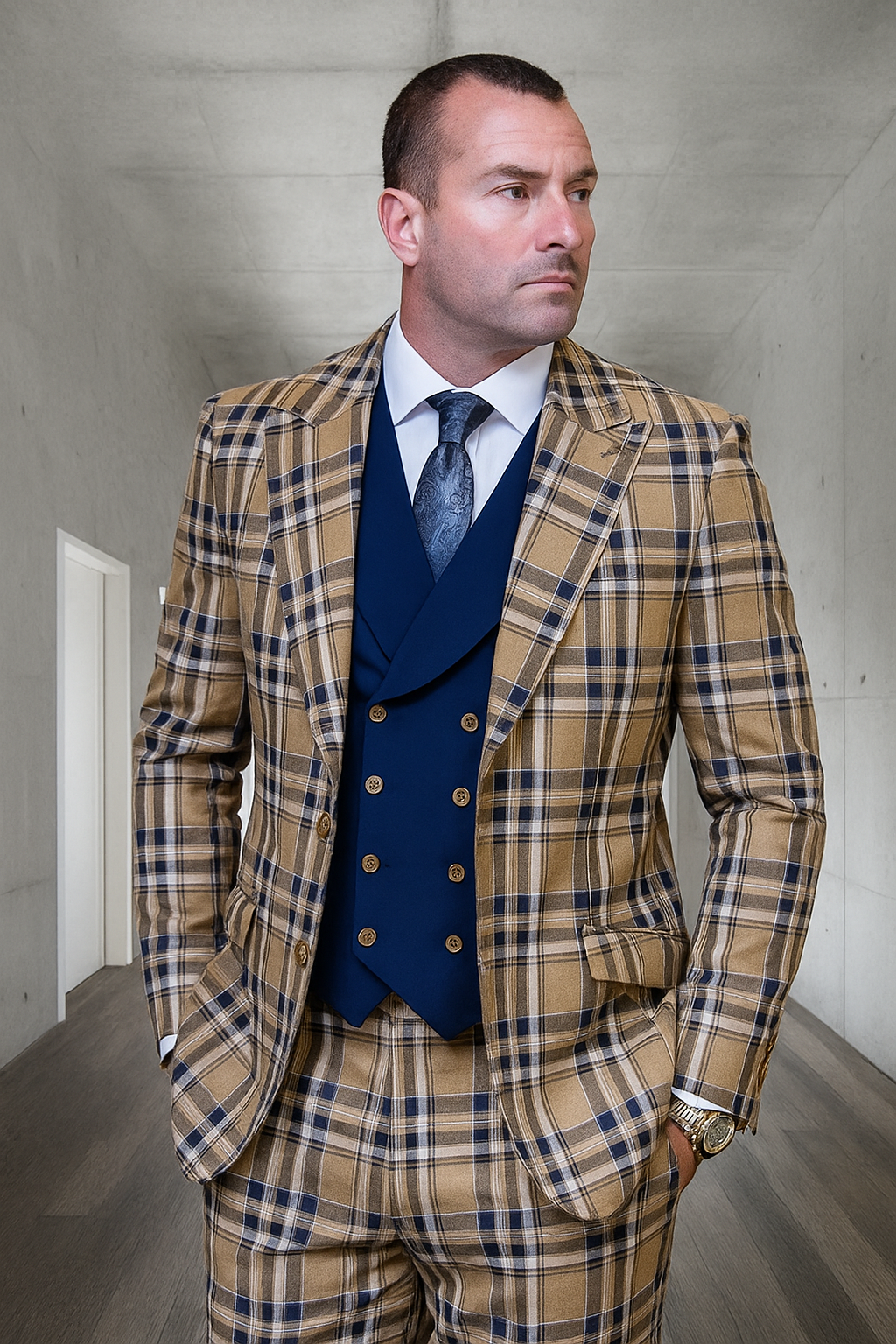 Tan Plaid Suit - Camel Khaki Color Windowpane Pattern Suit - Wool Suit ...