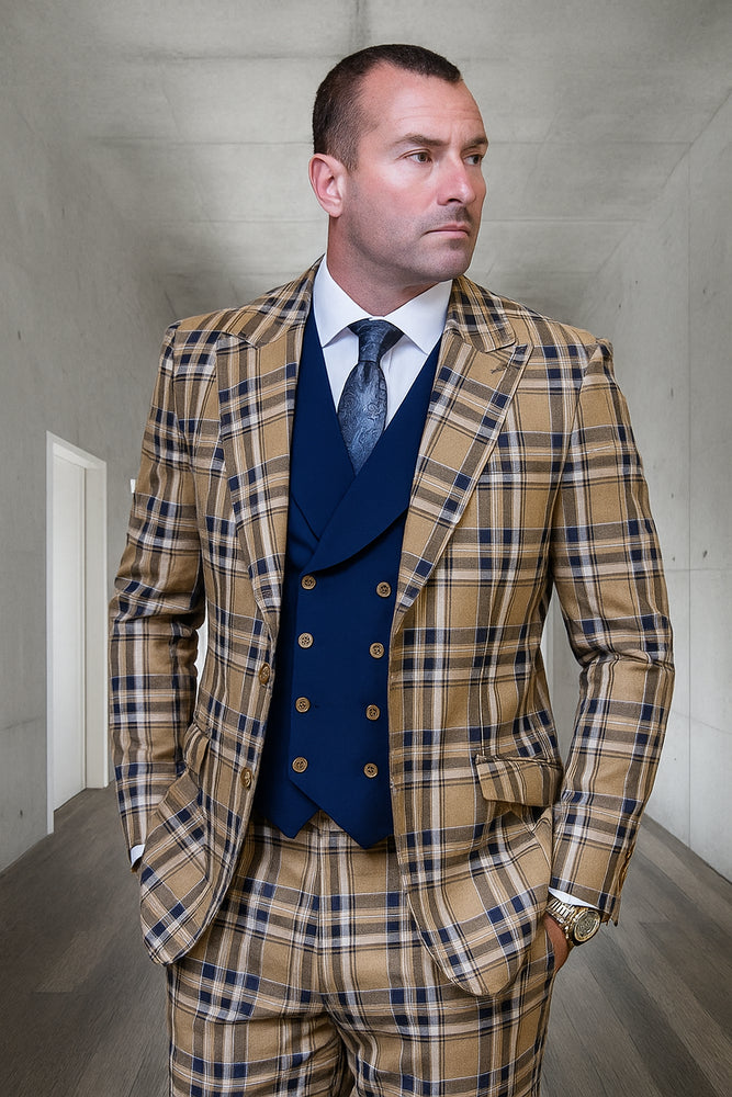 Tan Plaid Suit - Camel Khaki Color Windowpane Pattern Suit - Wool Suit - Peak Lapel Side Vented Modern Fit