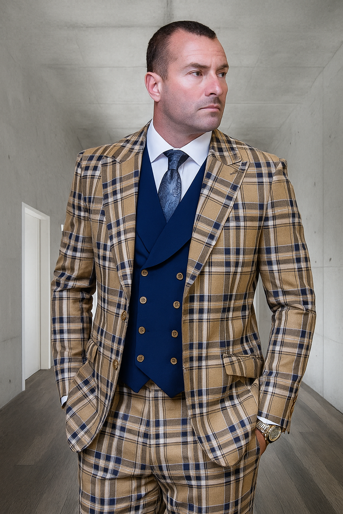 Statement Confidence Designer Suit - Camel Khaki Color Windowpane - Super 150's Wool Suit 1 Button Peak Lapel Double Breasted Vest Tan and Blue Mixture Color Perfect Fro Church