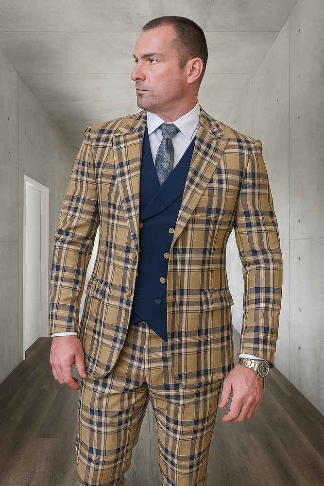 Statement Confidence Designer Suit - Camel Khaki Color Windowpane - Super 150's Wool Suit 1 Button Peak Lapel Double Breasted Vest Tan and Blue Mixture Color Perfect Fro Church