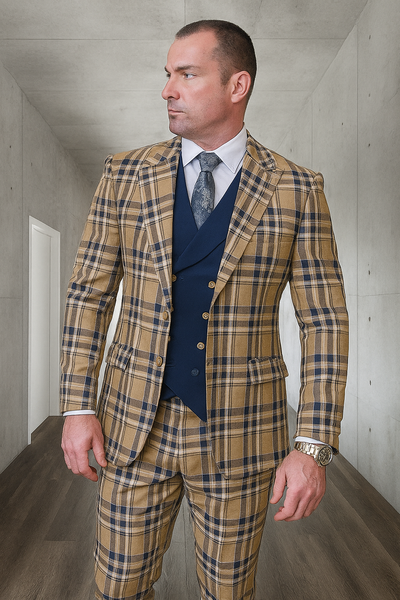 Tan Plaid Suit - Camel Khaki Color Windowpane Pattern Suit - Wool Suit - Peak Lapel Side Vented Modern Fit