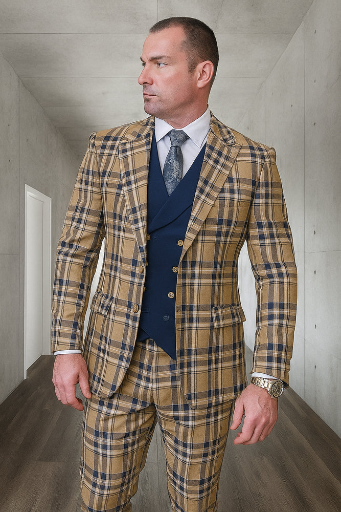 Tan Plaid Suit - Camel Khaki Color Windowpane Pattern Suit - Wool Suit - Peak Lapel Side Vented Modern Fit