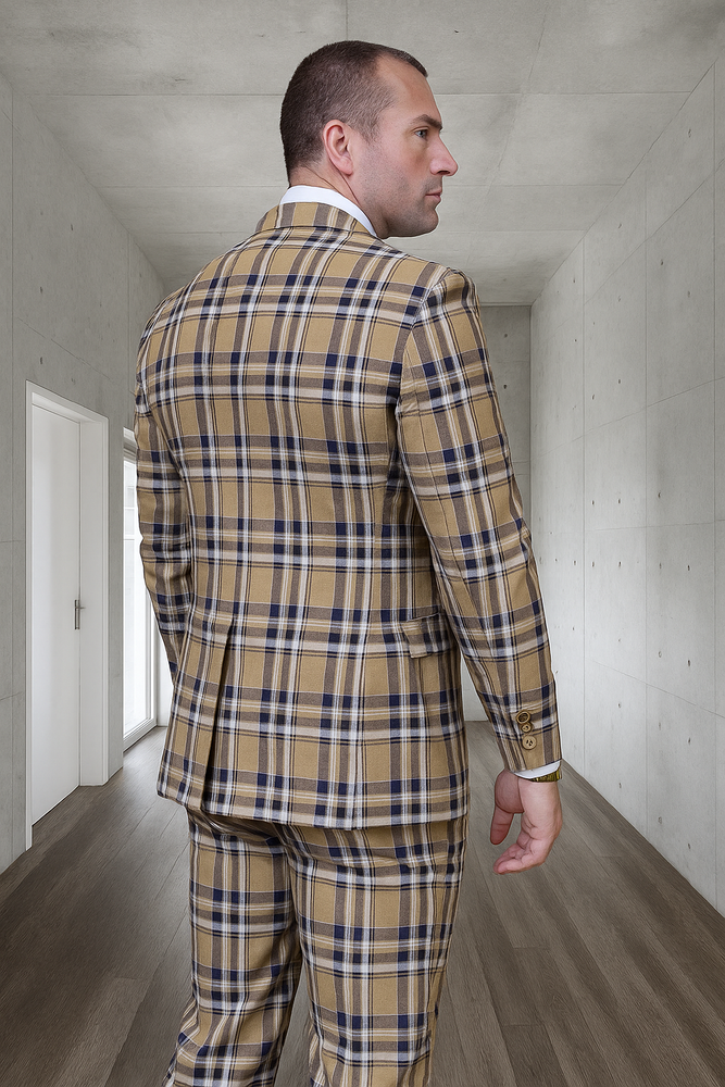 Statement Confidence Designer Suit - Camel Khaki Color Windowpane - Super 150's Wool Suit 1 Button Peak Lapel Double Breasted Vest Tan and Blue Mixture Color Perfect Fro Church