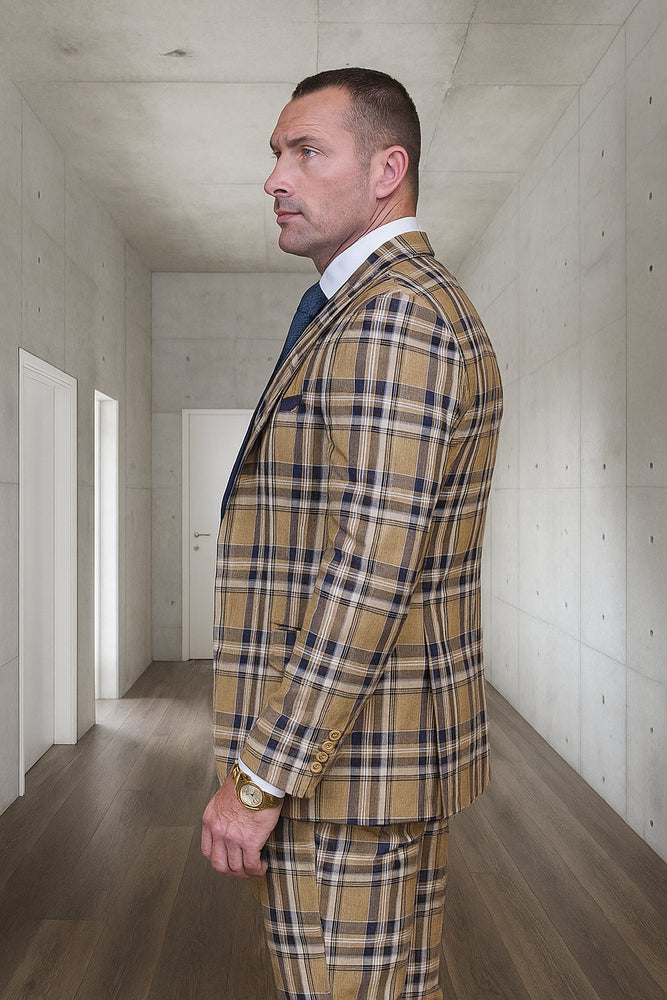 Tan Plaid Suit - Camel Khaki Color Windowpane Pattern Suit - Wool Suit - Peak Lapel Side Vented Modern Fit