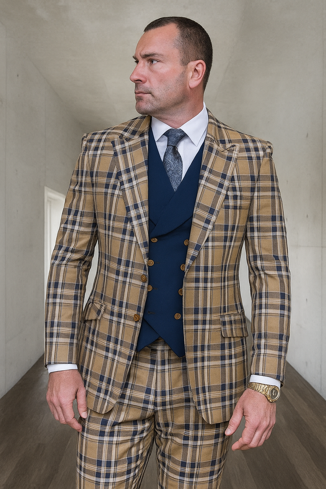 Statement Confidence Designer Suit - Camel Khaki Color Windowpane - Super 150's Wool Suit 1 Button Peak Lapel Double Breasted Vest Tan and Blue Mixture Color Perfect Fro Church