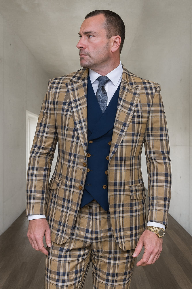 Statement Confidence Designer Suit - Camel Khaki Color Windowpane - Super 150's Wool Suit 1 Button Peak Lapel Double Breasted Vest Tan and Blue Mixture Color Perfect Fro Church