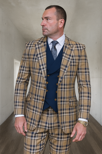 Tan Plaid Suit - Camel Khaki Color Windowpane Pattern Suit - Wool Suit - Peak Lapel Side Vented Modern Fit