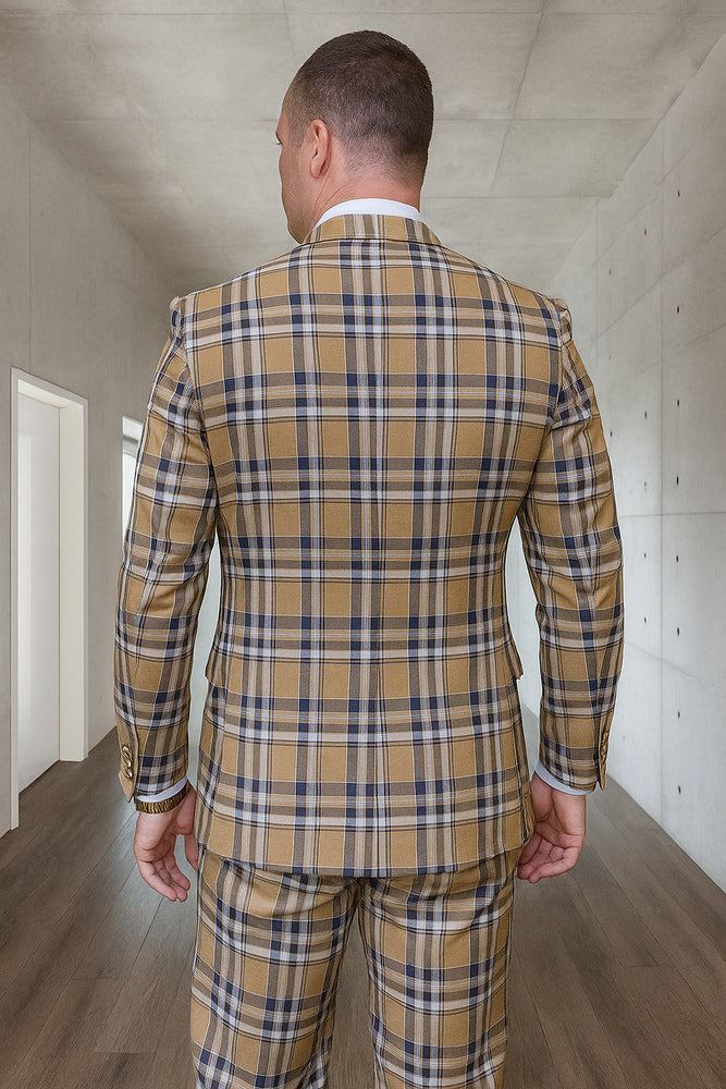 Tan Plaid Suit - Camel Khaki Color Windowpane Pattern Suit - Wool Suit - Peak Lapel Side Vented Modern Fit