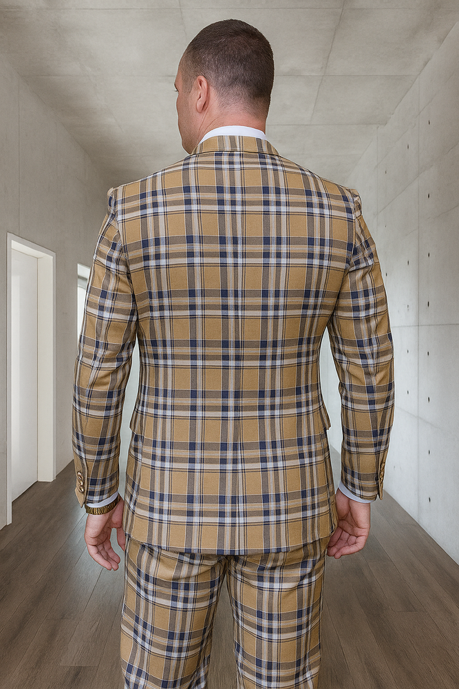 Statement Confidence Designer Suit - Camel Khaki Color Windowpane - Super 150's Wool Suit 1 Button Peak Lapel Double Breasted Vest Tan and Blue Mixture Color Perfect Fro Church
