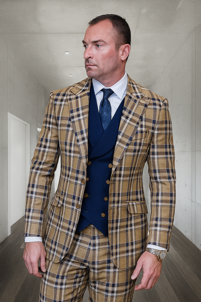 Statement Confidence Designer Suit - Camel Khaki Color Windowpane - Super 150's Wool Suit 1 Button Peak Lapel Double Breasted Vest Tan and Blue Mixture Color Perfect Fro Church