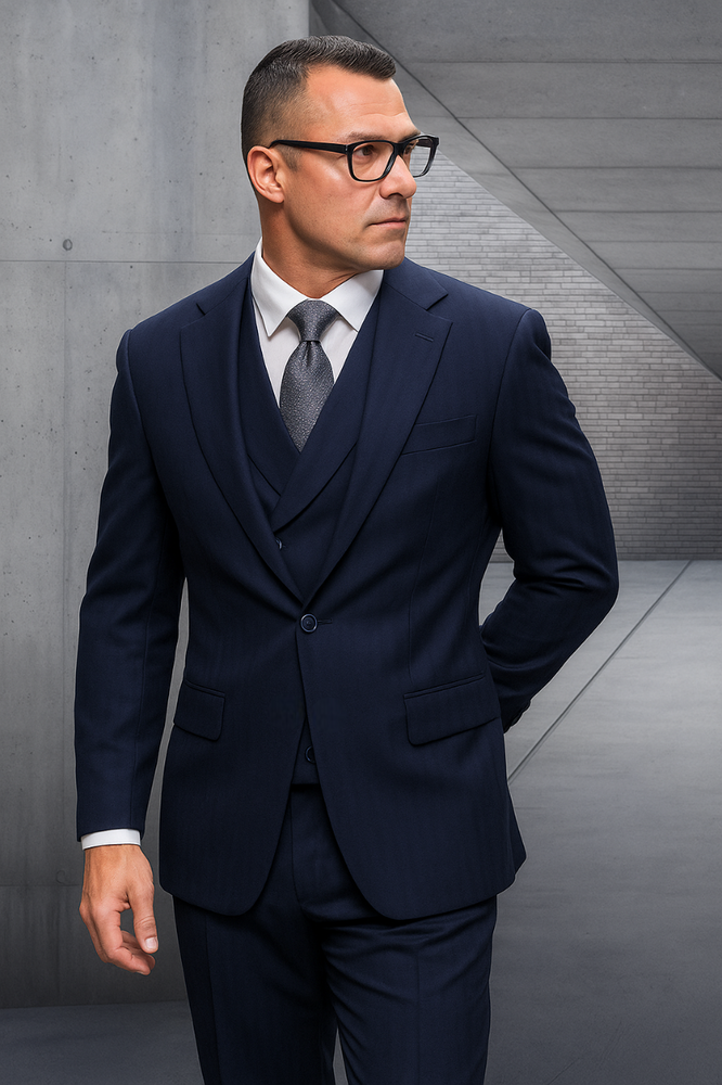 Tone on Tone Pinstripe - Shadow Stripe - Double Breasted Vest Suit - Wool Fabric Suit Navy
