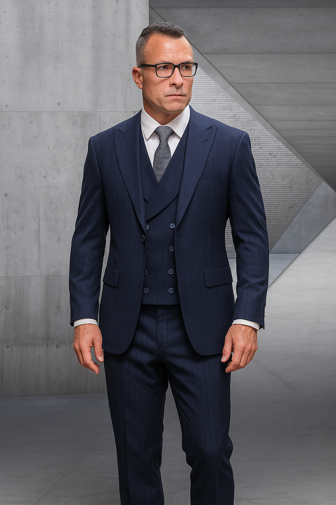 Tone on Tone Pinstripe - Shadow Stripe - Double Breasted Vest Suit - Wool Fabric Suit Navy