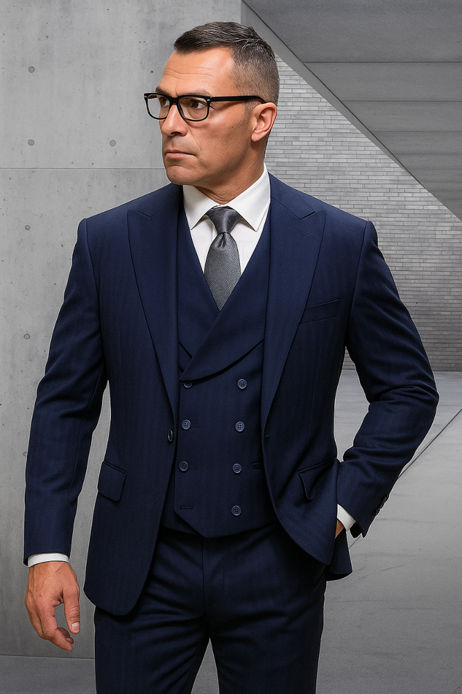 Tone on Tone Pinstripe - Shadow Stripe - Double Breasted Vest Suit - Wool Fabric Suit Navy