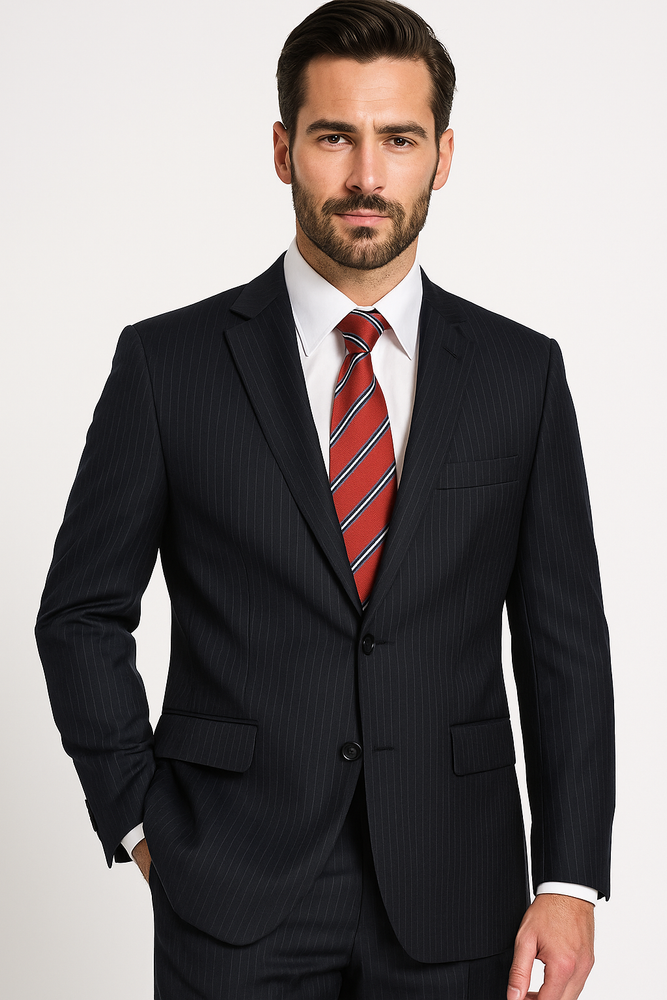 High-quality Construction 2 Button Dark Navy Blue Suit For Men MiniStripe Ultimate Tayloring&Wool
