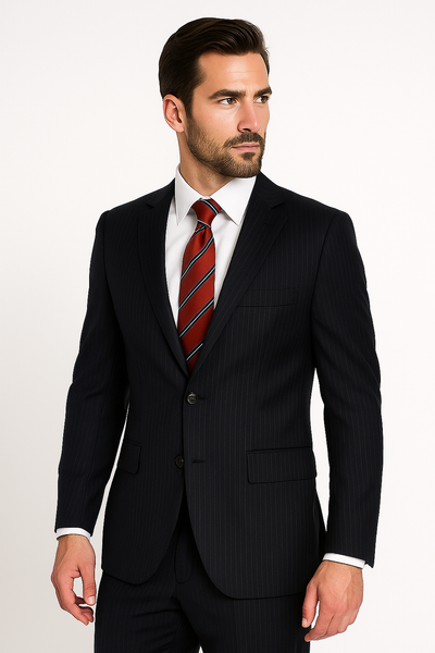 High-quality Construction 2 Button Dark Navy Blue Suit For Men MiniStripe Ultimate Tayloring&Wool