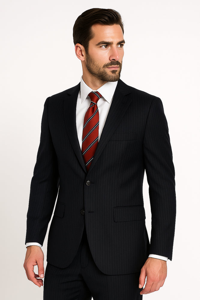 High-quality Construction 2 Button Dark Navy Blue Suit For Men MiniStripe Ultimate Tayloring&Wool