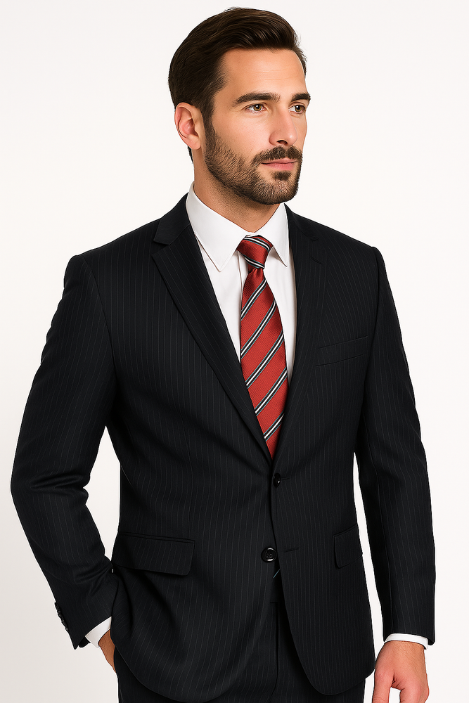 High-quality Construction 2 Button Dark Navy Blue Suit For Men MiniStripe Ultimate Tayloring&Wool