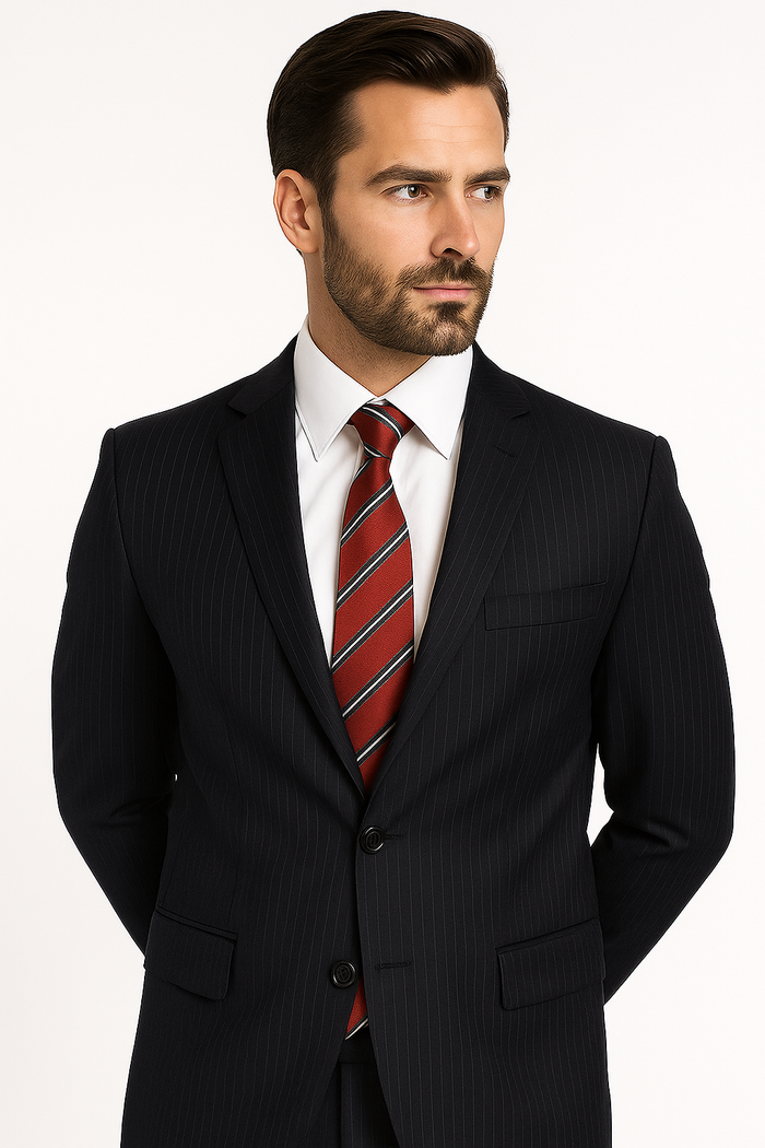 High-quality Construction 2 Button Dark Navy Blue Suit For Men MiniStripe Ultimate Tayloring&Wool