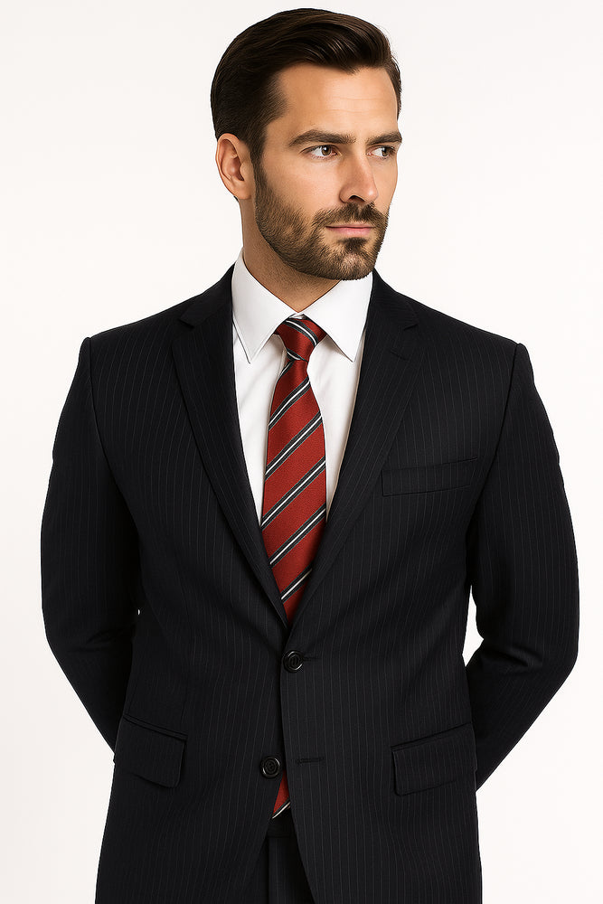 High-quality Construction 2 Button Dark Navy Blue Suit For Men MiniStripe Ultimate Tayloring&Wool