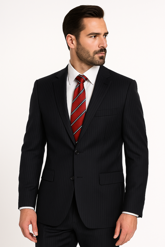 High-quality Construction 2 Button Dark Navy Blue Suit For Men MiniStripe Ultimate Tayloring&Wool