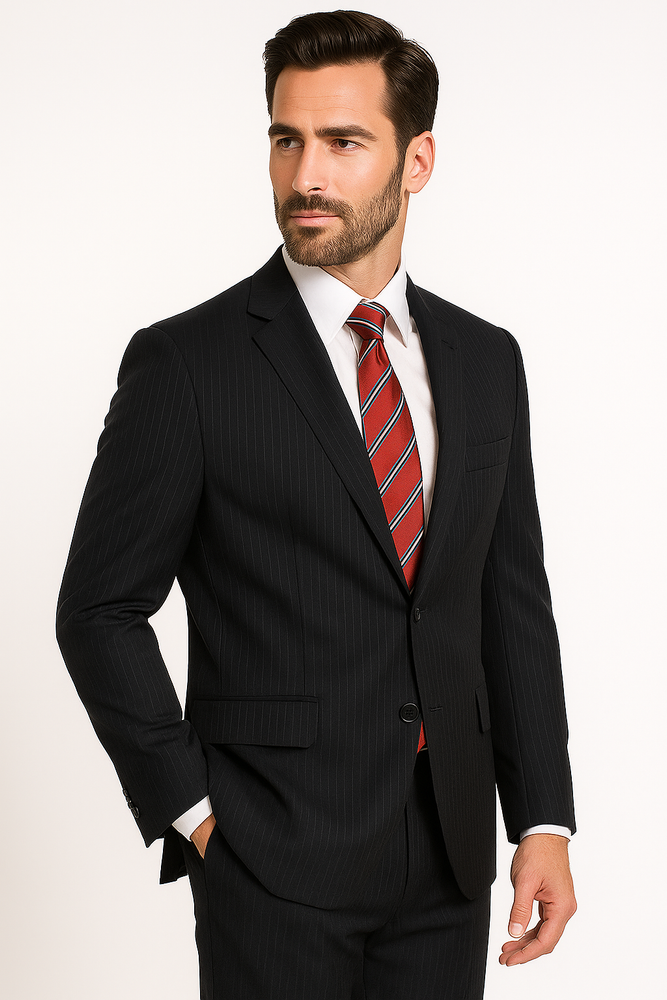 High-quality Construction 2 Button Dark Navy Blue Suit For Men MiniStripe Ultimate Tayloring&Wool
