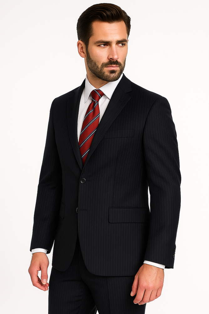 High-quality Construction 2 Button Dark Navy Blue Suit For Men MiniStripe Ultimate Tayloring&Wool