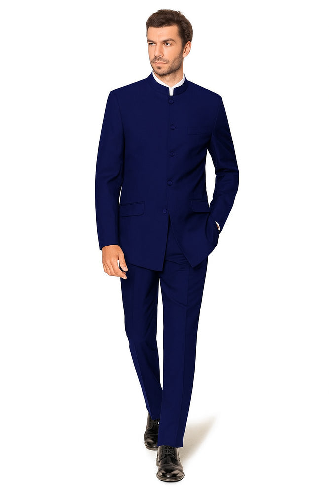 Navy Blue 4 Button Wedding Tuxedo Suit Color - Groom Suit Banded Collar Mandarin Suit