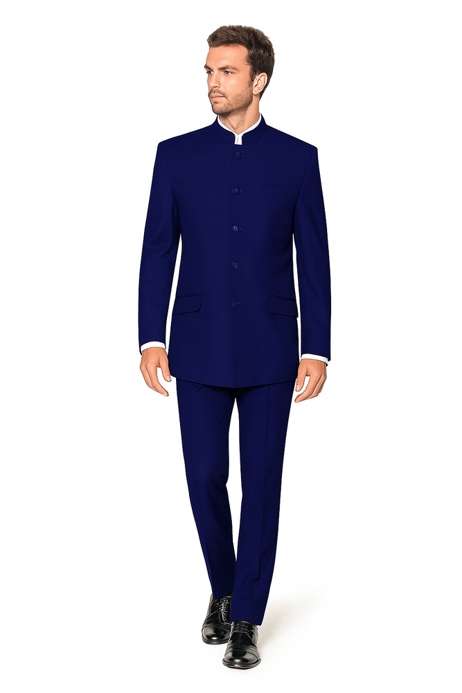 Navy Blue 4 Button Wedding Tuxedo Suit Color - Groom Suit Banded Collar Mandarin Suit
