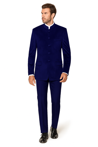 Navy Blue 4 Button Wedding Tuxedo Suit Color - Groom Suit Banded Collar Mandarin Suit