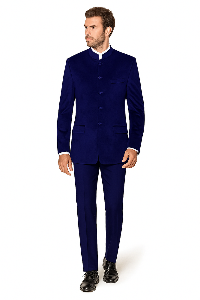 Navy Blue 4 Button Wedding Tuxedo Suit Color - Groom Suit Banded Collar Mandarin Suit