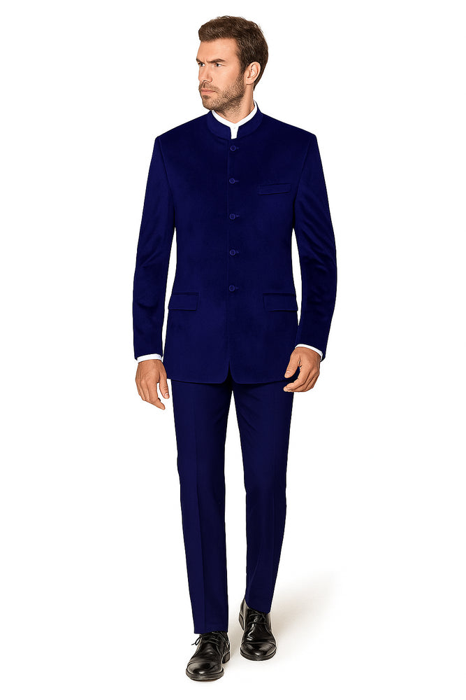 Navy Blue 4 Button Wedding Tuxedo Suit Color - Groom Suit Banded Collar Mandarin Suit