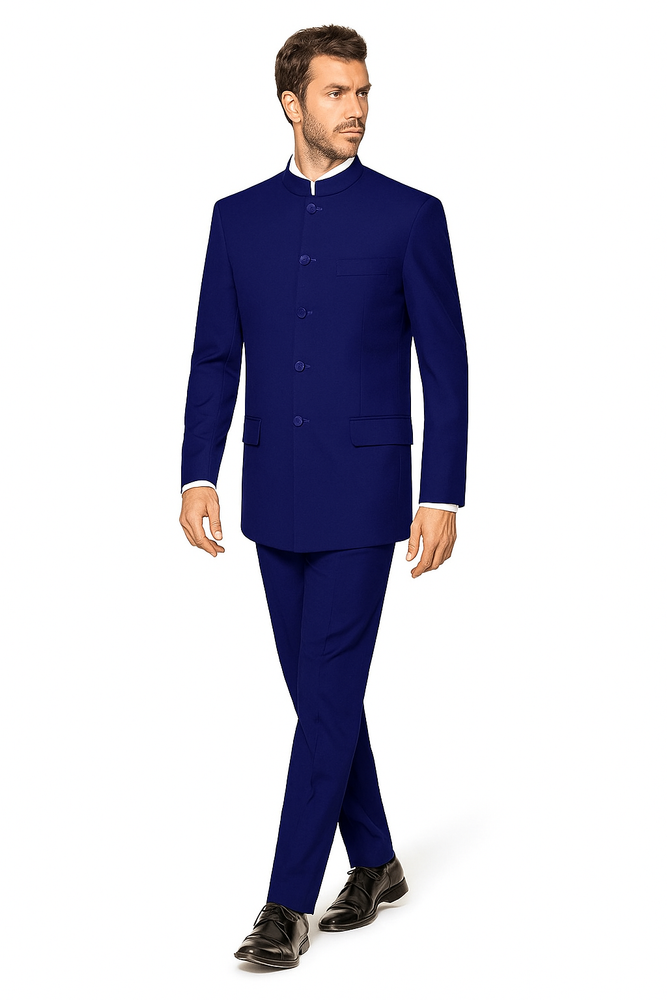 Navy Blue 4 Button Wedding Tuxedo Suit Color - Groom Suit Banded Collar Mandarin Suit