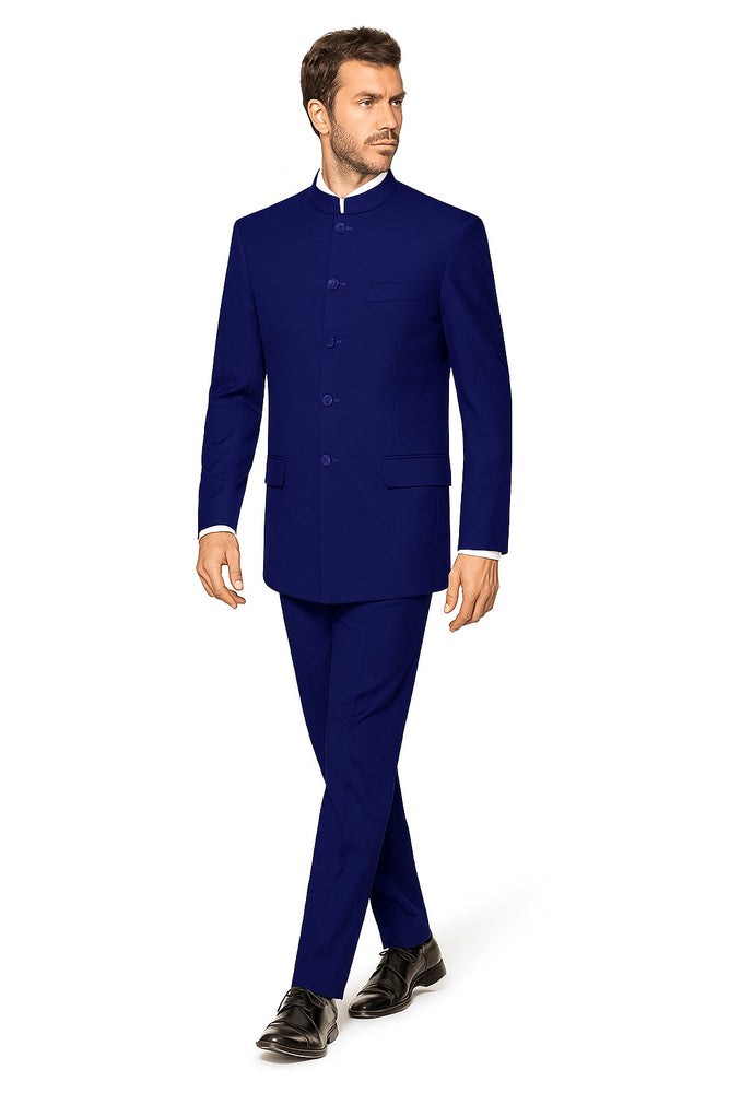 Navy Blue 4 Button Wedding Tuxedo Suit Color - Groom Suit Banded Collar Mandarin Suit