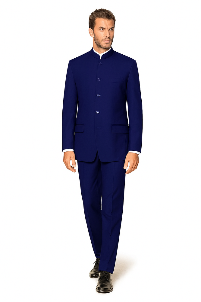 Navy Blue 4 Button Wedding Tuxedo Suit Color - Groom Suit Banded Collar Mandarin Suit