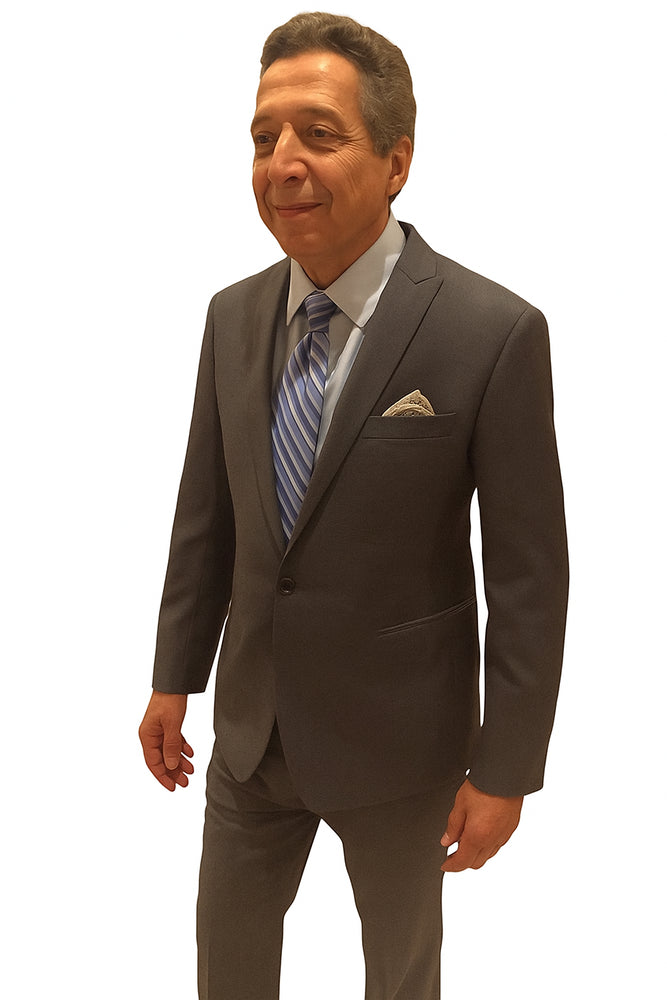 Men's 1 Button Slim Fit Peak Lapel Charcoal Grey ~ Medium Gray Wool Suit