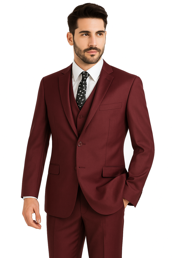 Mens Vested Slim Fit Wool Feel Suit in Burgundy
