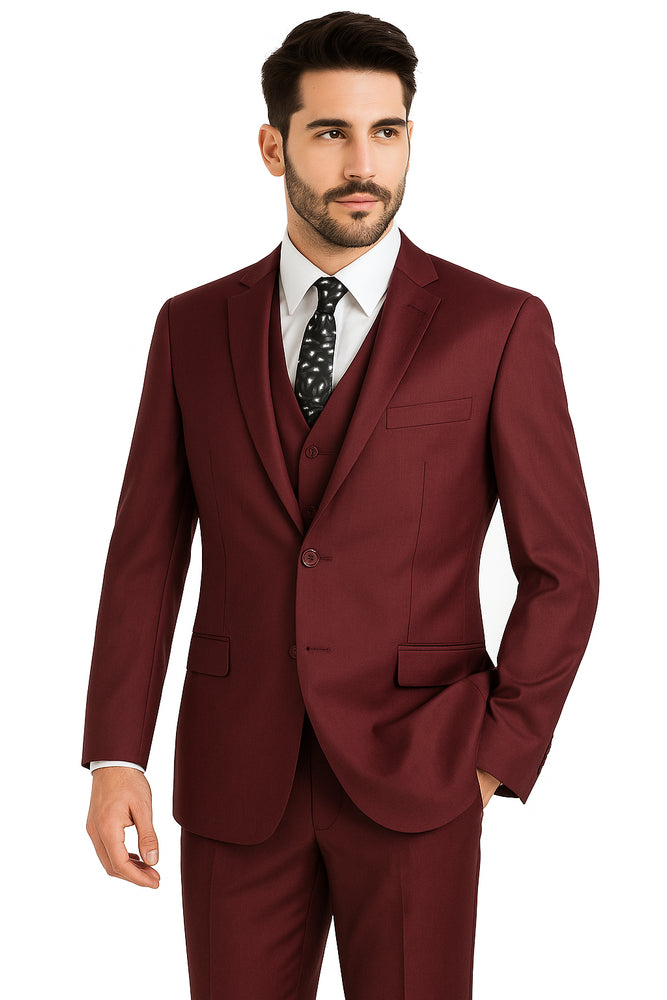 Mens Vested Slim Fit Wool Feel Suit in Burgundy