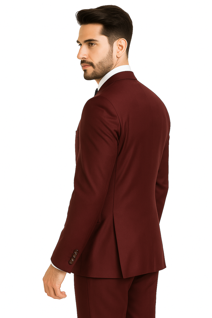 Mens Vested Slim Fit Wool Feel Suit in Burgundy