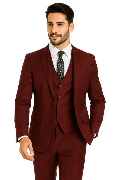 Mens Vested Slim Fit Wool Feel Suit in Burgundy