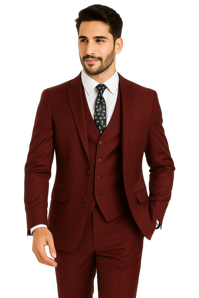Mens Vested Slim Fit Wool Feel Suit in Burgundy