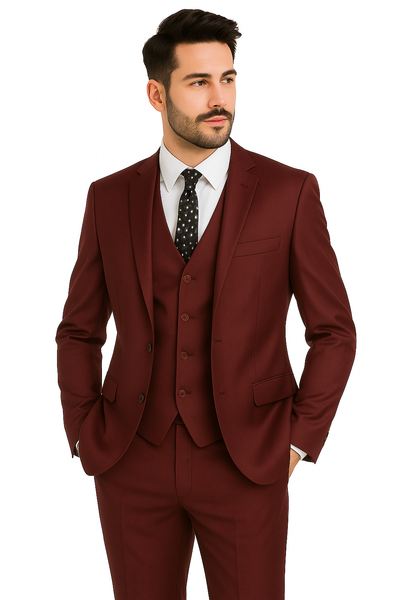 Mens Vested Slim Fit Wool Feel Suit in Burgundy