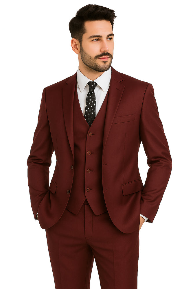 Mens Vested Slim Fit Wool Feel Suit in Burgundy