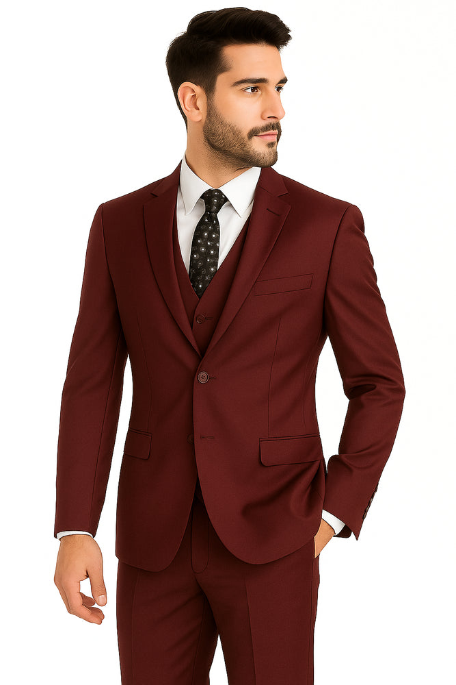 Mens Vested Slim Fit Wool Feel Suit in Burgundy